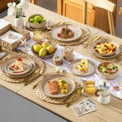 16-Piece Brown Stoneware Dinnerware Set Service For 4-Dishware Dishes Set With Plates And Bowls For Kitchen Dining -Vancasso Shop brown vancasso dinnerware sets vc playa smbn 16 4f 1000