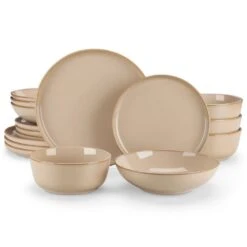 16-Piece Brown Stoneware Dinnerware Set Service For 4-Dishware Dishes Set With Plates And Bowls For Kitchen Dining