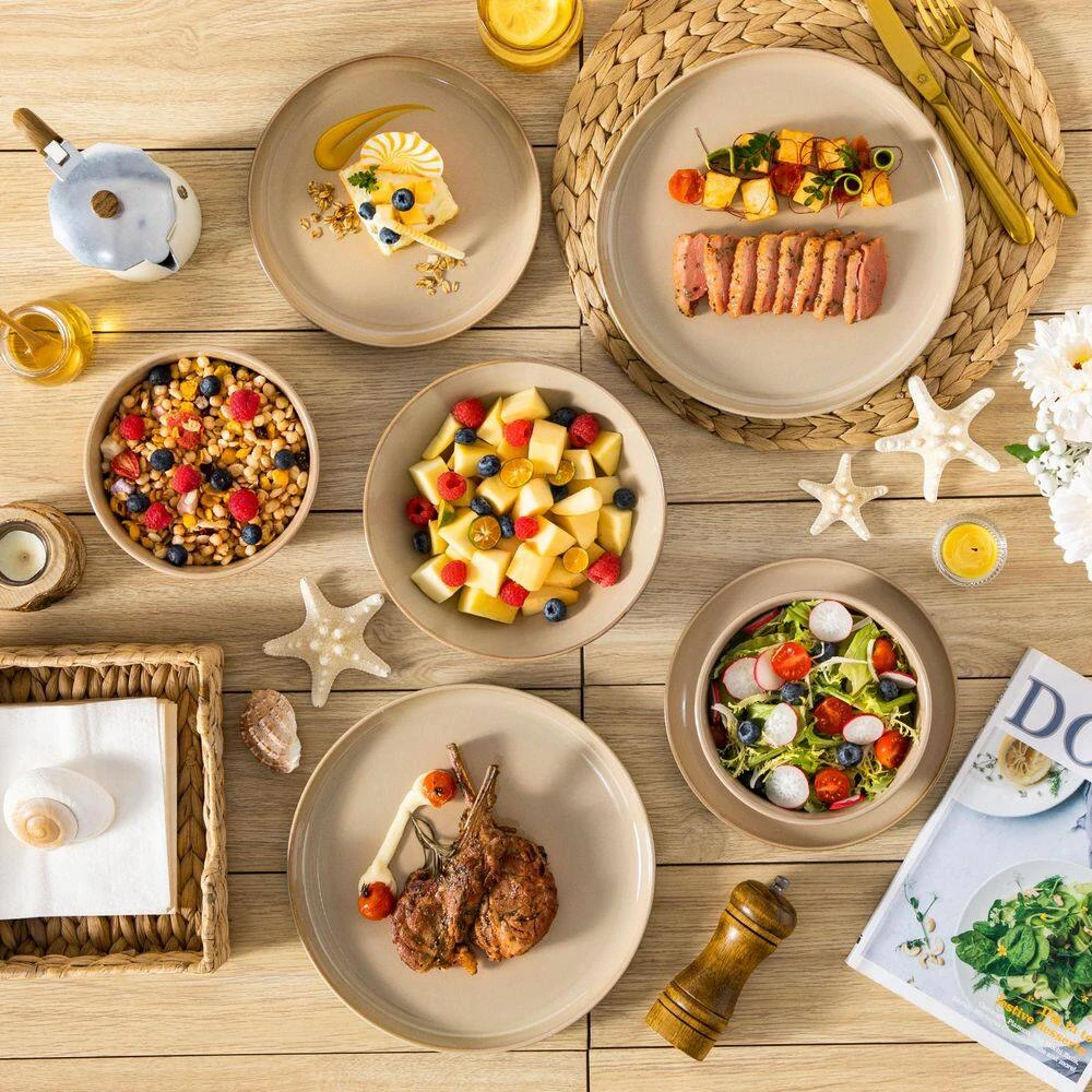 24-Piece Brown Stoneware Dinnerware Set Service For 6 Dishware Dishes Set Tableware With Plates And Bowls 10 24-Piece Brown Stoneware Dinnerware Set Service For 6 Dishware Dishes Set Tableware With Plates And Bowls - Image 8