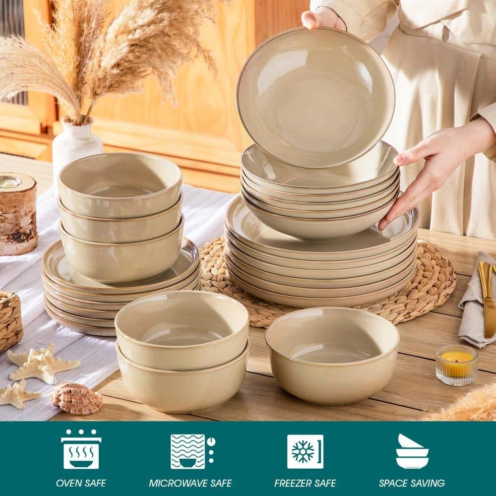 24-Piece Brown Stoneware Dinnerware Set Service For 6 Dishware Dishes Set Tableware With Plates And Bowls 8 24-Piece Brown Stoneware Dinnerware Set Service For 6 Dishware Dishes Set Tableware With Plates And Bowls - Image 6
