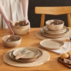 12-Piece Tan Caramel Porcelain Dinnerware Set Service For 4-Dishware Set Bowls And Plates Dinner Set For Kitchen Dining -Vancasso Shop caramel vancasso dinnerware sets vc anya cr 12 31 1000