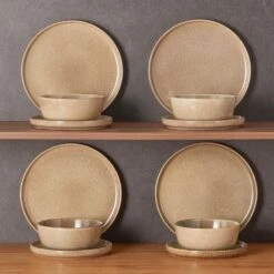 12-Piece Tan Caramel Porcelain Dinnerware Set Service For 4-Dishware Set Bowls And Plates Dinner Set For Kitchen Dining