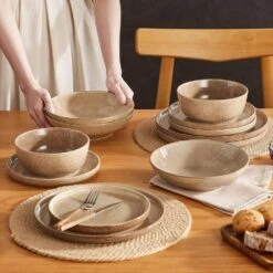 16-Piece Tan Caramel Stoneware Dinnerware Set Service For 4 Dishware Set Bowls And Plates Dinner Set For Kitchen Dining -Vancasso Shop caramel vancasso dinnerware sets vc anya cr 16 31 1000