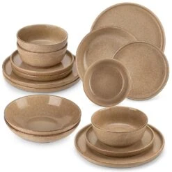 16-Piece Tan Caramel Stoneware Dinnerware Set Service For 4 Dishware Set Bowls And Plates Dinner Set For Kitchen Dining
