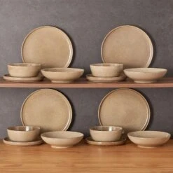 16-Piece Tan Caramel Stoneware Dinnerware Set Service For 4 Dishware Set Bowls And Plates Dinner Set For Kitchen Dining -Vancasso Shop caramel vancasso dinnerware sets vc anya cr 16 76 1000
