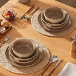 16-Piece Tan Caramel Stoneware Dinnerware Set Service For 4 Dishware Set Bowls And Plates Dinner Set For Kitchen Dining -Vancasso Shop caramel vancasso dinnerware sets vc anya cr 16 a0 1000