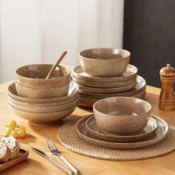 16-Piece Tan Caramel Stoneware Dinnerware Set Service For 4 Dishware Set Bowls And Plates Dinner Set For Kitchen Dining -Vancasso Shop caramel vancasso dinnerware sets vc anya cr 16 d4 1000