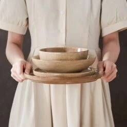 16-Piece Tan Caramel Stoneware Dinnerware Set Service For 4 Dishware Set Bowls And Plates Dinner Set For Kitchen Dining -Vancasso Shop caramel vancasso dinnerware sets vc anya cr 16 fa 1000