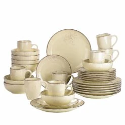 Navia Nature Cream 32-Piece Ceramic Dinnerware Set With Dinner Plate, Dessert Plate, Cereal Bowl And Mug (Service For 8)