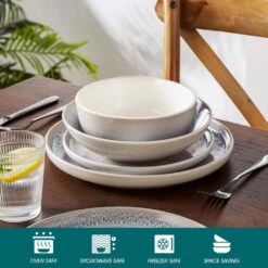 16-Piece Cream White And Beige Stoneware Dinnerware Set Service For 4-Bowls And Plates Set Tableware Dinner Set -Vancasso Shop cream white and beige vancasso dinnerware sets vc snow bg 16 eu 4f 1000