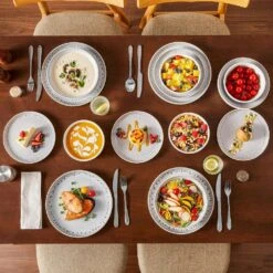 16-Piece Cream White And Beige Stoneware Dinnerware Set Service For 4-Bowls And Plates Set Tableware Dinner Set -Vancasso Shop cream white and beige vancasso dinnerware sets vc snow bg 16 eu a0 1000