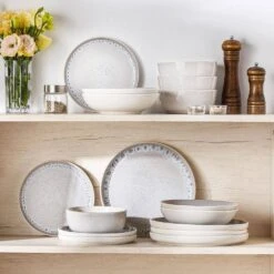 16-Piece Cream White And Beige Stoneware Dinnerware Set Service For 4-Bowls And Plates Set Tableware Dinner Set -Vancasso Shop cream white and beige vancasso dinnerware sets vc snow bg 16 eu d4 1000