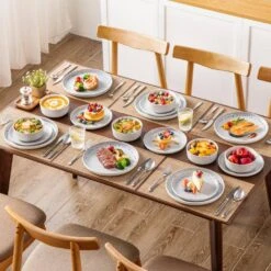 18-Piece Cream White And Beige Stoneware Dinnerware Set Service For 6 Bowls And Plates Set Dinner Set Tableware 24 18-Piece Cream White And Beige Stoneware Dinnerware Set Service For 6 Bowls And Plates Set Dinner Set Tableware -Vancasso Shop cream white and beige vancasso dinnerware sets vc snow bg 18 eu 1f 1000