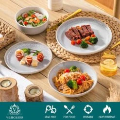 24-Piece Cream White And Beige Stoneware Dinnerware Set Service For 6 Bowls And Plates Set Tableware Dinner Set -Vancasso Shop cream white and beige vancasso dinnerware sets vc snow bg 24 eu 1f 1000