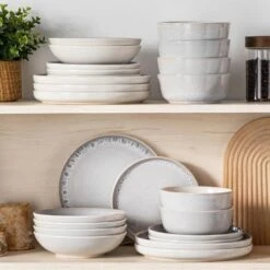 24-Piece Cream White And Beige Stoneware Dinnerware Set Service For 6 Bowls And Plates Set Tableware Dinner Set