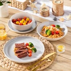 24-Piece Cream White And Beige Stoneware Dinnerware Set Service For 6 Bowls And Plates Set Tableware Dinner Set -Vancasso Shop cream white and beige vancasso dinnerware sets vc snow bg 24 eu fa 1000