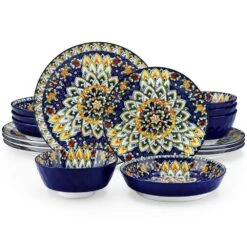 16-Piece Dark-blue Porcelain Dinnerware Set Service For 4 Bohemian Style Bowls And Plates Set Dining Set Tableware Set