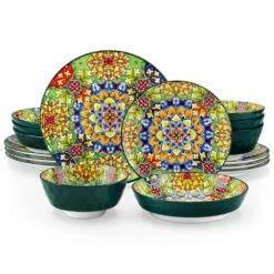 16-Piece Dark-green Porcelain Dinnerware Set Service For 4 Bohemian Style Bowls And Plates Set Dining Set Tableware Set