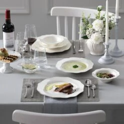 Lotus 16-Piece White With Gold Trim Bone China Dinnerware Set (Service For 4) 12 Lotus 16-Piece White With Gold Trim Bone China Dinnerware Set (Service For 4) -Vancasso Shop gold trim vancasso dinnerware sets lotus 16 gt 1f 1000