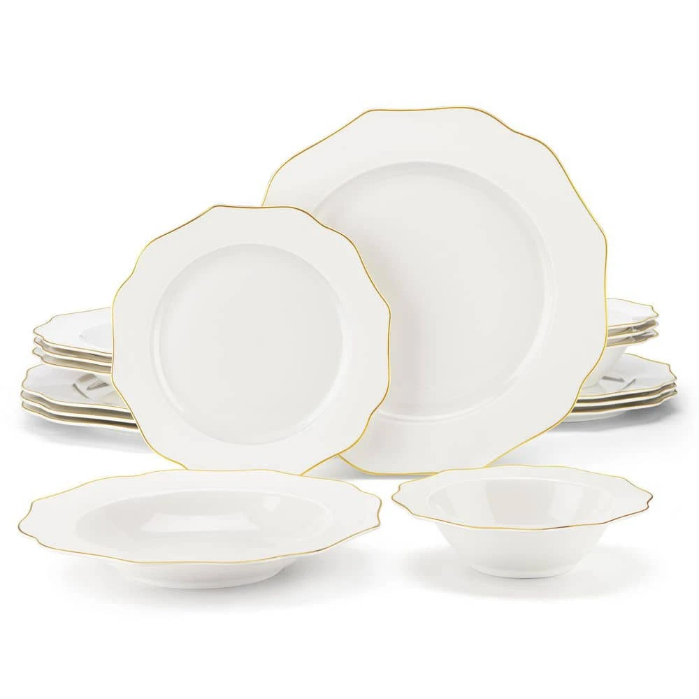 Lotus 16-Piece White With Gold Trim Bone China Dinnerware Set (Service For 4) 3 Lotus 16-Piece White With Gold Trim Bone China Dinnerware Set (Service For 4)
