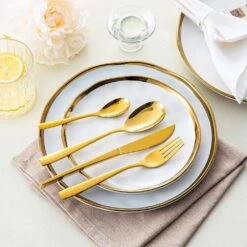 48-Piece Gold Stainless Steel Flatware Set Silverware Set Serving Set Service For 12 -Vancasso Shop gold vancasso serving sets vs sw a48 g 31 1000