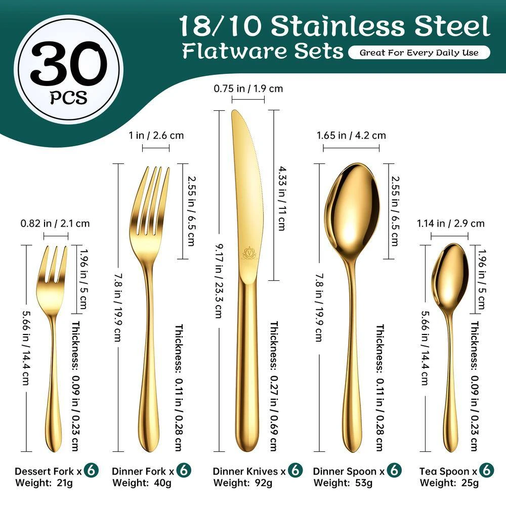 30-Piece Gold Stainless Steel Flatware Set (Service For 6) 4 30-Piece Gold Stainless Steel Flatware Set (Service For 6) - Image 2