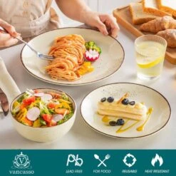 12-Piece Multi-color Stoneware Dinnerware Set Service For 4-Tableware With Dinner Plates Dessert Plates And Cereal Bowls -Vancasso Shop gray light blue cream beige vancasso dinnerware sets vc navia 15 f12 1f 1000