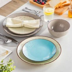 12-Piece Multi-color Stoneware Dinnerware Set Service For 4-Tableware With Dinner Plates Dessert Plates And Cereal Bowls -Vancasso Shop gray light blue cream beige vancasso dinnerware sets vc navia 15 f12 44 1000