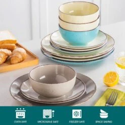 12-Piece Multi-color Stoneware Dinnerware Set Service For 4-Tableware With Dinner Plates Dessert Plates And Cereal Bowls -Vancasso Shop gray light blue cream beige vancasso dinnerware sets vc navia 15 f12 4f 1000