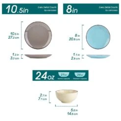 12-Piece Multi-color Stoneware Dinnerware Set Service For 4-Tableware With Dinner Plates Dessert Plates And Cereal Bowls -Vancasso Shop gray light blue cream beige vancasso dinnerware sets vc navia 15 f12 c3 1000