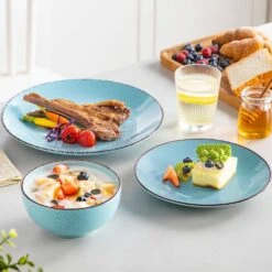 12-Piece Multi-color Stoneware Dinnerware Set Service For 4-Tableware With Dinner Plates Dessert Plates And Cereal Bowls -Vancasso Shop gray light blue cream beige vancasso dinnerware sets vc navia 15 f12 fa 1000