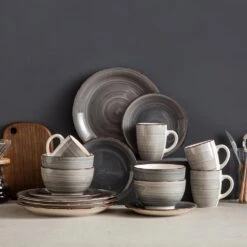 Series Bella 16-Pieces Dinnerware Set Porcelain Dinner Set Crockery In Vintage Look Gray (Service For 4) 13 Series Bella 16-Pieces Dinnerware Set Porcelain Dinner Set Crockery In Vintage Look Gray (Service For 4) -Vancasso Shop gray vancasso dinnerware sets vc bella gy sl 1f 1000