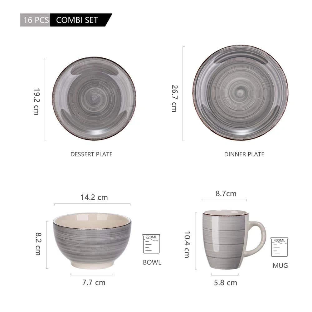 Series Bella 16-Pieces Dinnerware Set Porcelain Dinner Set Crockery In Vintage Look Gray (Service For 4) 4 Series Bella 16-Pieces Dinnerware Set Porcelain Dinner Set Crockery In Vintage Look Gray (Service For 4) - Image 2
