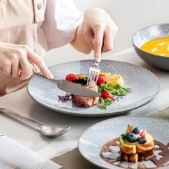 16-Piece Gray Stoneware Dinnerware Set Service For 4 Reactive Glaze Tableware Bowls And Plates Dining Set -Vancasso Shop gray vancasso dinnerware sets vc karst wt sl 31 1000