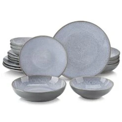 16-Piece Gray Stoneware Dinnerware Set Service For 4 Reactive Glaze Tableware Bowls And Plates Dining Set