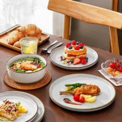 18-Piece Gray Stoneware Dinnerware Set (Service For 6) Sesame Speckles Pattern Dinner Plates Dessert Plates And Bowls 20 18-Piece Gray Stoneware Dinnerware Set (Service For 6) Sesame Speckles Pattern Dinner Plates Dessert Plates And Bowls -Vancasso Shop gray vancasso dinnerware sets vc loire gy 18 76 1000