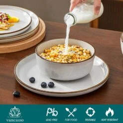 18-Piece Gray Stoneware Dinnerware Set (Service For 6) Sesame Speckles Pattern Dinner Plates Dessert Plates And Bowls 19 18-Piece Gray Stoneware Dinnerware Set (Service For 6) Sesame Speckles Pattern Dinner Plates Dessert Plates And Bowls -Vancasso Shop gray vancasso dinnerware sets vc loire gy 18 fa 1000