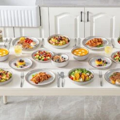 16-Piece Gray Stoneware Dinnerware Set (Service For 4) Sesame Speckles Pattern Dinner Set With Plates And Bowls -Vancasso Shop gray vancasso dinnerware sets vc loire gy sl 1f 1000