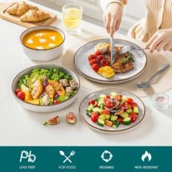 16-Piece Gray Stoneware Dinnerware Set (Service For 4) Sesame Speckles Pattern Dinner Set With Plates And Bowls -Vancasso Shop gray vancasso dinnerware sets vc loire gy sl 44 1000