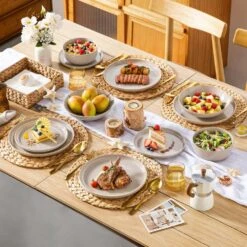 16-Piece Gray Stoneware Dinnerware Set Service For 4-Dishware Dishes Set Kitchen Tableware With Plates And Bowls 12 16-Piece Gray Stoneware Dinnerware Set Service For 4-Dishware Dishes Set Kitchen Tableware With Plates And Bowls -Vancasso Shop gray vancasso dinnerware sets vc playa smgy 16 4f 1000