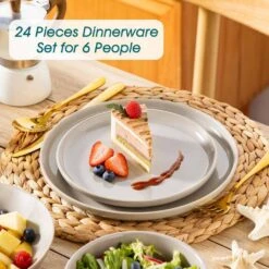 24-Piece Gray Stoneware Dinnerware Set Service For 6 Dishware Dishes Set Tableware With Plates And Bowls -Vancasso Shop gray vancasso dinnerware sets vc playa smgy 24 eu 76 1000