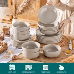 24-Piece Gray Stoneware Dinnerware Set Service For 6 Dishware Dishes Set Tableware With Plates And Bowls -Vancasso Shop gray vancasso dinnerware sets vc playa smgy 24 eu fa 1000