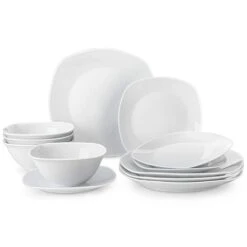 12-Piece Gray-White Porcelain Dinnerware Set Service For 4 Tableware Set With Dinner Plate Dessert Plate And Cereal Bowl