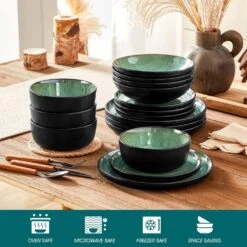 Series Amber 16-Piece Green And Black Stoneware Dinnerware Set Service For 4 Bowls And Plates Dining Set Tableware -Vancasso Shop green and black vancasso dinnerware sets vc amber g 16 1f 1000
