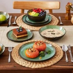 Series Amber 16-Piece Green And Black Stoneware Dinnerware Set Service For 4 Bowls And Plates Dining Set Tableware -Vancasso Shop green and black vancasso dinnerware sets vc amber g 16 31 1000