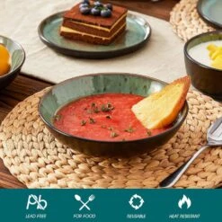 Series Amber 16-Piece Green And Black Stoneware Dinnerware Set Service For 4 Bowls And Plates Dining Set Tableware -Vancasso Shop green and black vancasso dinnerware sets vc amber g 16 4f 1000