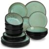 Series Amber 16-Piece Green And Black Stoneware Dinnerware Set Service For 4 Bowls And Plates Dining Set Tableware -Vancasso Shop green and black vancasso dinnerware sets vc amber g 16 64 1000