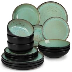 Series Amber 16-Piece Green And Black Stoneware Dinnerware Set Service For 4 Bowls And Plates Dining Set Tableware