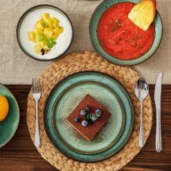 Series Amber 16-Piece Green And Black Stoneware Dinnerware Set Service For 4 Bowls And Plates Dining Set Tableware -Vancasso Shop green and black vancasso dinnerware sets vc amber g 16 77 1000