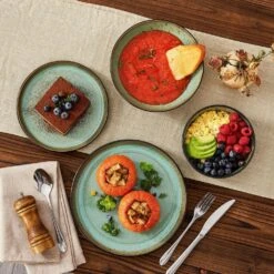 Series Amber 16-Piece Green And Black Stoneware Dinnerware Set Service For 4 Bowls And Plates Dining Set Tableware -Vancasso Shop green and black vancasso dinnerware sets vc amber g 16 a0 1000